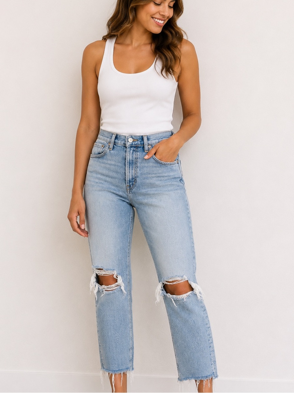 RE/DONE 90s Ankle Crop Light Wash Distressed Denim Jeans 26
